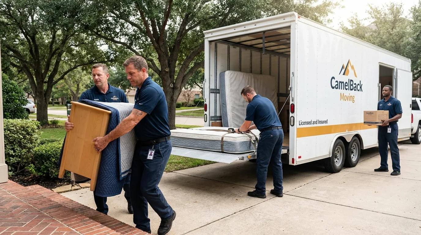 Crew loading residential truck for cross-state move from Silverton, TX