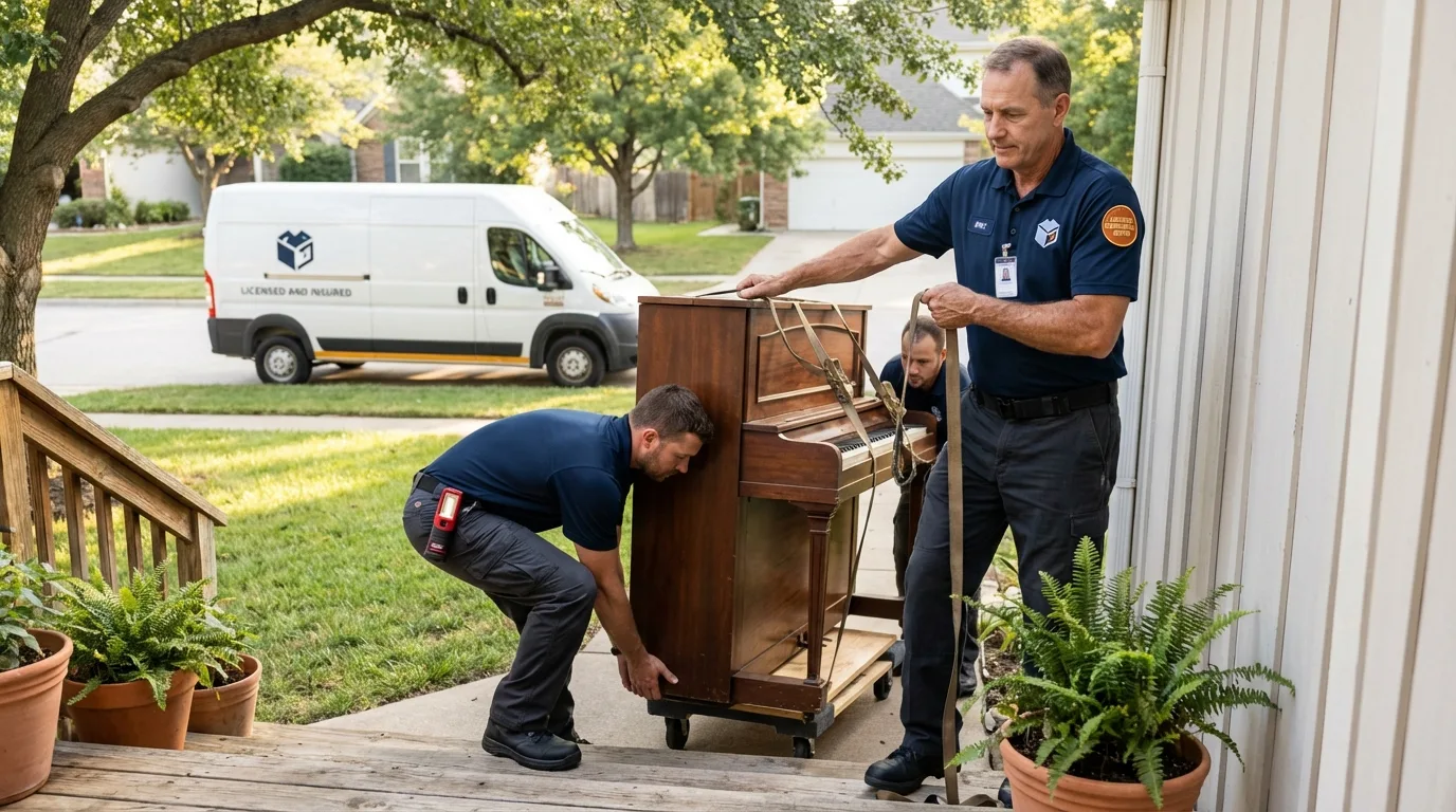 Licensed piano movers securing grand piano in Silverton, TX