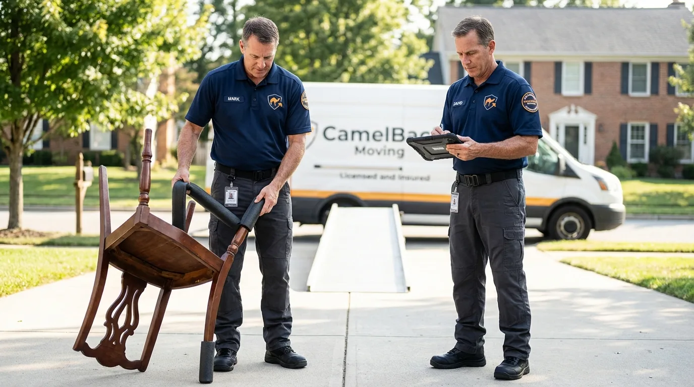 Movers inspecting furniture for damage prevention before loading in Silverton, TX